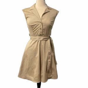 Ann Taylor Tan Sleeveless A-Line Safari Style Dress W/ Tie Belt EUC